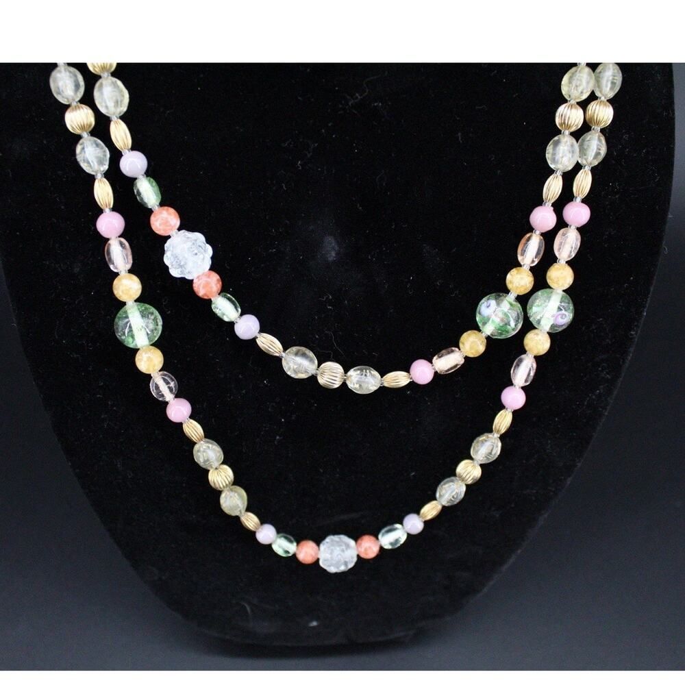 VTG Oscar De La Renta Signed 49” Long Double Strand Beaded Necklace Pastel - Picture 4 of 6